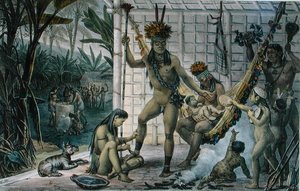 Familie eines Camacan-Indianerhäuptlings bereitet sich auf ein Fest vor, Illustration aus 