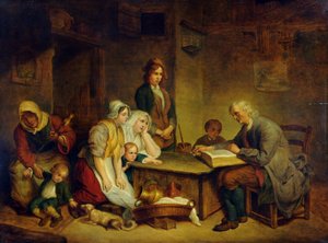 Ein Vater liest seiner Familie die Bibel vor