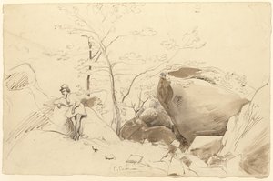 Fontainebleau, Figur, die sich gegen einen Felsen lehnt von Jean Baptiste Camille Corot