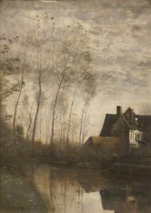 Eine Flussszene mit Häusern und Pappeln von Jean Baptiste Camille Corot