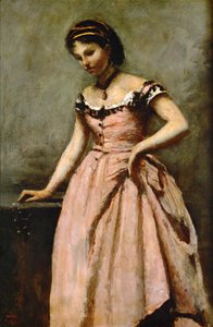 Mädchen im rosa Kleid mit Rosen und einer Perle von Jean Baptiste Camille Corot