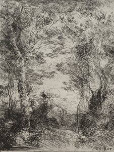 Reiter im Wald, Originaldruck 1854, gedruckt 1921 von Jean Baptiste Camille Corot