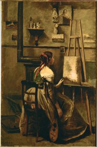 Das Atelier von Corot - junge Frau vor einer Staffelei von Jean Baptiste Camille Corot