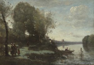 Fluss mit einem fernen Turm, 1865 von Jean Baptiste Camille Corot