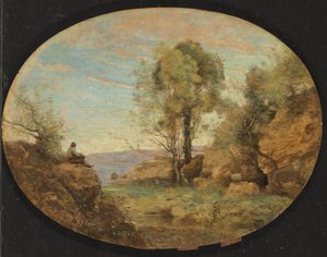 Hirte, der eine felsige Schlucht überblickt, 1859 von Jean Baptiste Camille Corot
