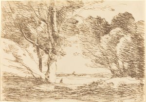 Turm am Horizont eines Sees von Jean Baptiste Camille Corot