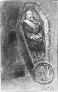 Kaiser Napoleon III. in seinem Sarg während des Trauergottesdienstes, gefeiert in der Kirche von Chislehurst, England, am 13. Januar 1873 von Jean Baptiste Carpeaux