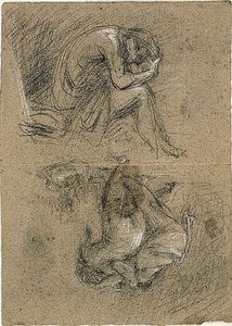 Skizzen: Sitzender Mann mit Kopf in den Händen und zwei Figuren, die sich im Hintergrund zu anderen beugen (recto); Liegende Frau (verso)