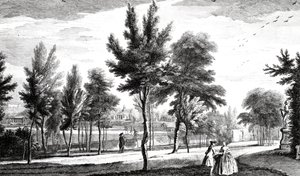 Ansicht der Elysischen Felder von der Quelle des Helikon, Stowe House Gardens, gestochen von George Bickham, 1753 von Jean Baptiste Claude Chatelain