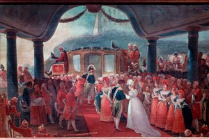 Die Ankunft von Maria Leopoldine von Habsburg-Lothringen (1797-1826) in Rio de Janeiro im Jahr 1817, um Kaiser Peter I. von Brasilien zu heiraten. Die beiden Verlobten sind begleitet von König Joao VI. von Portugal dargestellt von Jean Baptiste Debret