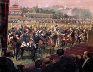 Die Verteilung der Flaggen in Longchamp durch Präsident Jules Grevy in Anwesenheit von Leon Gambetta am 14. Juli von Jean Baptiste Edouard Detaille