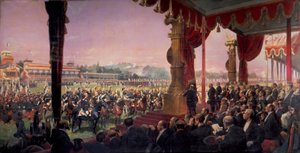 Die Verteilung der Fahnen in Longchamp durch Präsident Jules Grévy am 14. Juli 1880