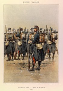 Typen und Uniformen der französischen Armee von Hauptmann Jules Richard, illustriert von Edouard Detaille: Pionier in Felduniform 1886, Private Sammlung