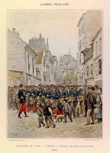 Typen und Uniformen der französischen Armee von Hauptmann Jules Richard, illustriert von Edouard Detaille: Linieninfanterie: Ankunft auf der Bühne während der großen Manöver 1885, Private Sammlung