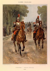 Typen und Uniformen der französischen Armee von Hauptmann Jules Richard, illustriert von Edouard Detaille: Kürassiere; Eskortzug 1885 von Jean Baptiste Edouard Detaille