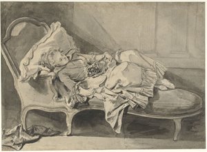 Madame Greuze auf einer Chaiselongue mit ihrem Hündchen von Jean Baptiste Greuze