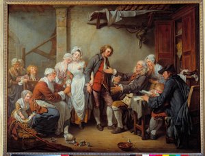 Das Dorfabkommen. Der Vater der Braut übergibt die Mitgift an seinen Schwiegersohn. Gemälde von Jean Baptiste Greuze, 1761 von Jean Baptiste Greuze