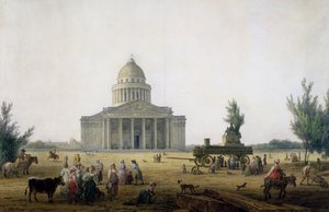Ansicht des Pantheon in Paris mit einer Kutsche, die eine Statue von Jean-Jacques Rousseau trägt, um 1792