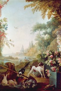 Zwei Kaninchen, eine Elster und ein Hund, aus dem Salon von Gilles Demarteau (1722-76) von Jean Baptiste Huet