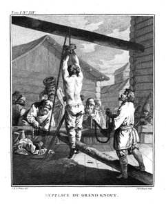 Bestrafung mit einem großen Knout. Aus Voyage en Sibérie, 1766 von Jean Baptiste Le Prince