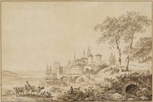 Hirten in einer Landschaft vor einer befestigten Stadt von Jean Baptiste Le Prince