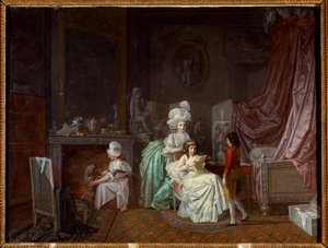 Familienfrisur im privaten Schlafzimmer, die Mutter wärmt ihre Tochter, die liest. Eine andere spielt mit dem Hund