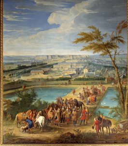 Ansicht der Stadt und des Schlosses von Versailles vom Hügel Montbauron aus, Louis XIV (1638-1715) und François Michel le Tellier, Marquis de Louvois, besuchen die neuen Reservoirs