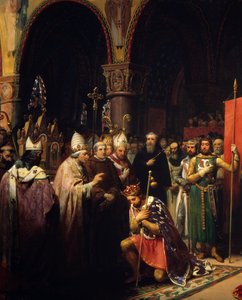 König Ludwig VII. nimmt das Oriflamme in der Basilika Saint Denis entgegen