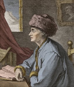 Jean Jacques Rousseau, französischer Schriftsteller und Philosoph in Neuchâtel 1765, graviert von J.B. Michel