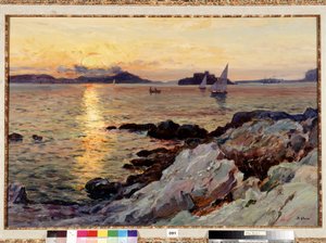 Sonnenuntergang auf Frioul. Gemälde von Jean Baptiste Olive (1848-1936). 20. Jahrhundert. Sammlung Fondation Regards de Provence, Marseille von Jean Baptiste Olive