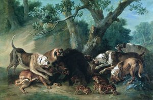 Eine wilde Sau und ihre Jungen, angegriffen von Hunden