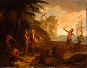 Amerika - Ein europäischer Kaufmann verhandelt mit amerikanischen Ureinwohnern über ein Fass Tabak und andere Waren, 1724