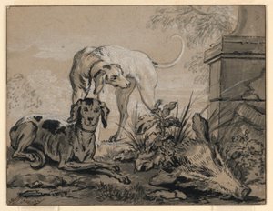Nach der Jagd: Zwei Hunde neben einem Wildschweinkopf von Jean Baptiste Oudry