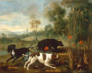 Gredinet, kleines Mädchen und Charlotte, drei Spaniels