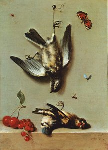 Stillleben mit drei toten Vögeln, Johannisbeeren, Kirschen und Insekten