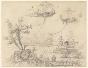 Zeichnung, Chinoiserie-Fantasie, 1770–1790 von Jean Baptiste Pillement