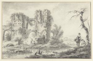 Ruine an einem Fluss mit einem Jungen und einem Mädchen rechts von Jean Baptiste Pillement