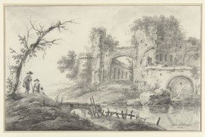 Ruine an einem Fluss mit zwei Bauern