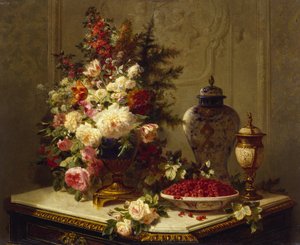 Stillleben mit Blumen und Himbeeren von Jean Baptiste Robie