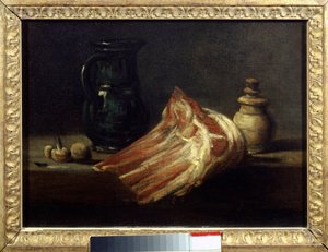 Küchentisch und Utensilien mit einem Schafquadrat. Gemälde von Jean Baptiste Simeon Chardin