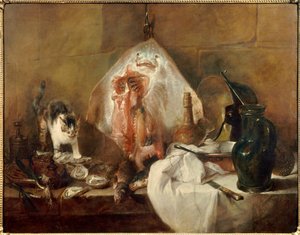 Das Stillleben mit Fisch, Austern, Krug. Gemälde von Jean Baptiste Simeon Chardin 1727 Paris, Louvre Museum
