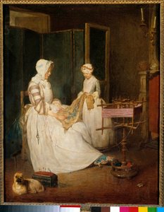 Die arbeitende Mutter, eine Mutter, die von ihrer Tochter beim Sticken und Verwenden eines Käseschneiders unterstützt wird von Jean Baptiste Simeon Chardin