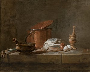Lauch, ein Topf mit Tuch, ein Kupfertopf mit Deckel, eine Zwiebel und Eier mit einem Mörser und Stößel auf einem Steinsims von Jean Baptiste Simeon Chardin
