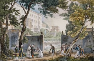 Eine Villa: Treffenszene des Adels - Gravur von Jean-Baptiste Thomas (1791-1833), um 1820