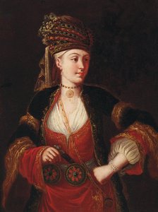 Eine Dame, dreiviertel Länge, in orientalischem Kostüm von Jean Baptiste Vanmour