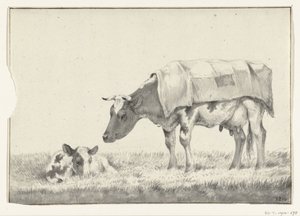 Stehende Kuh, nach links, mit liegendem Kalb von Jean Bernard
