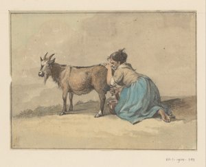 Frau, die eine Ziege melkt
