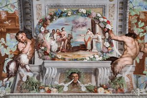 Bacchus, mit seinen alten Ammen und einem Satyr, bittet Medea, die sich an eine Säule lehnt, die Frauen zu verjüngen