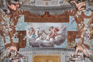 Venus gibt Ariadne die Krone; auf den Wolken bietet Venus, umgeben von Cupidos, die Krone des Vulkanus der neben Bacchus sitzenden Ariadne an von Jean Boulanger