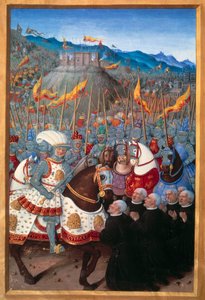 Louis XII (1462-1515) empfängt sechs Bürger von Genua kniend (25. April 1507). Miniatur von Jean Bourdichon (1457? - 1521) in „Reise nach Genua“ (Folio 20v) geschrieben von Jean Marot, ca. 1508. Paris, B N von Jean Bourdichon